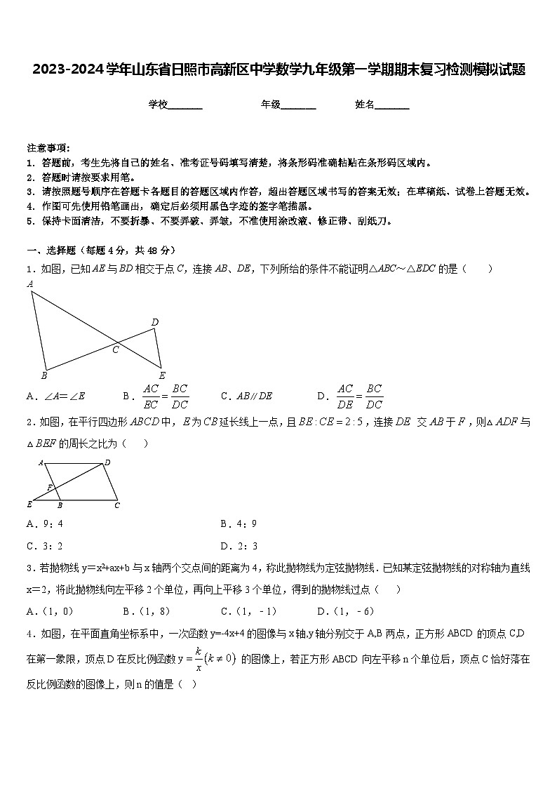 2023-2024学年山东省日照市高新区中学数学九年级第一学期期末复习检测模拟试题含答案01