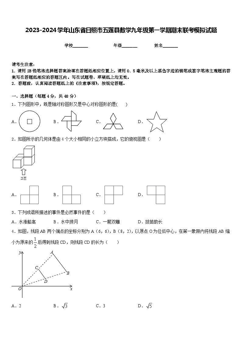 2023-2024学年山东省日照市五莲县数学九年级第一学期期末联考模拟试题含答案01