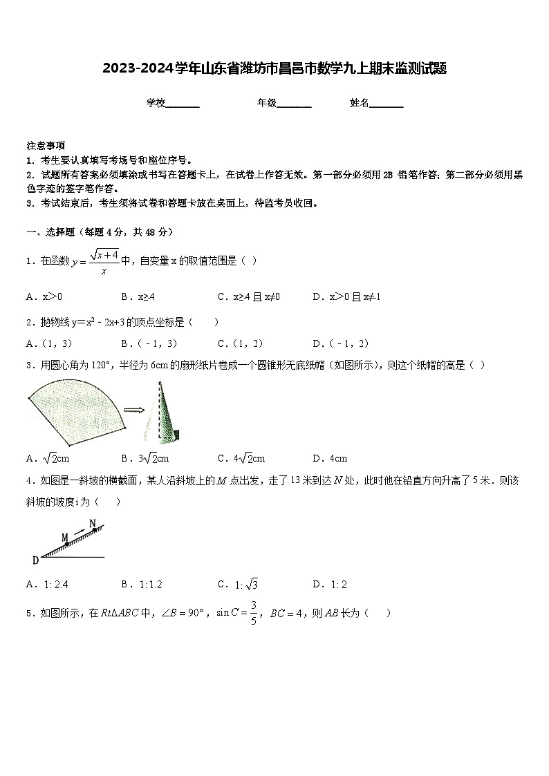2023-2024学年山东省潍坊市昌邑市数学九上期末监测试题含答案第1页
