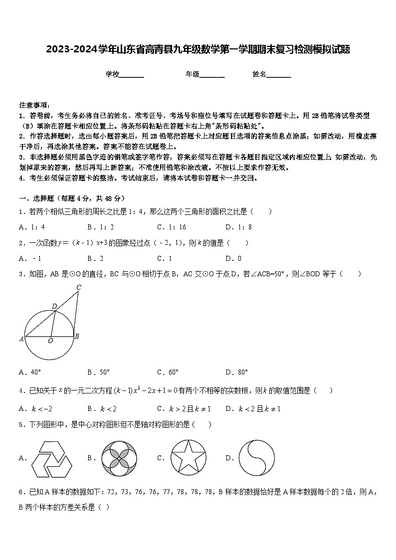 2023-2024学年山东省高青县九年级数学第一学期期末复习检测模拟试题含答案01