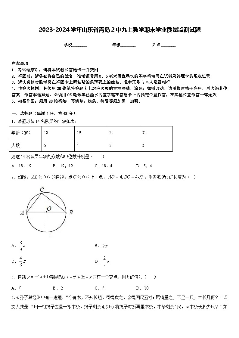 2023-2024学年山东省青岛2中九上数学期末学业质量监测试题含答案第1页