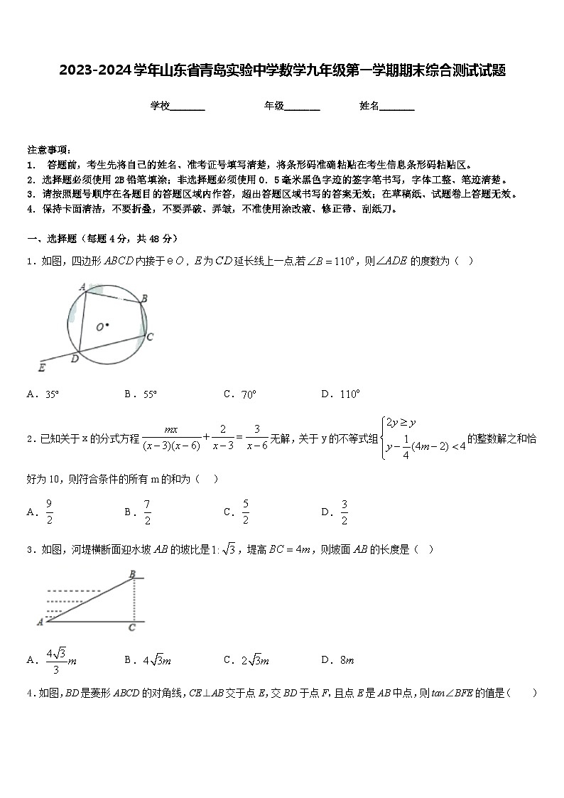 2023-2024学年山东省青岛实验中学数学九年级第一学期期末综合测试试题含答案第1页