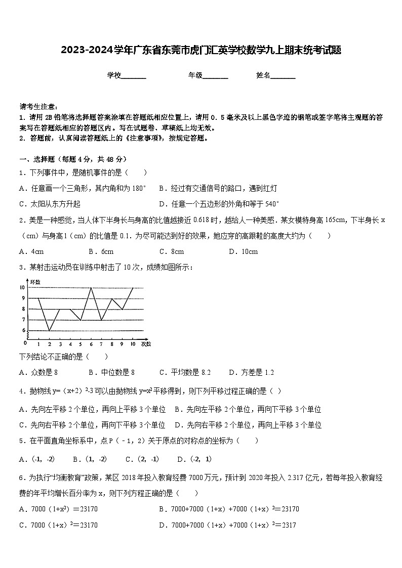 2023-2024学年广东省东莞市虎门汇英学校数学九上期末统考试题含答案01