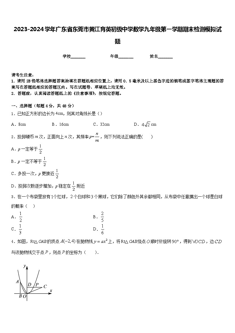 2023-2024学年广东省东莞市黄江育英初级中学数学九年级第一学期期末检测模拟试题含答案01