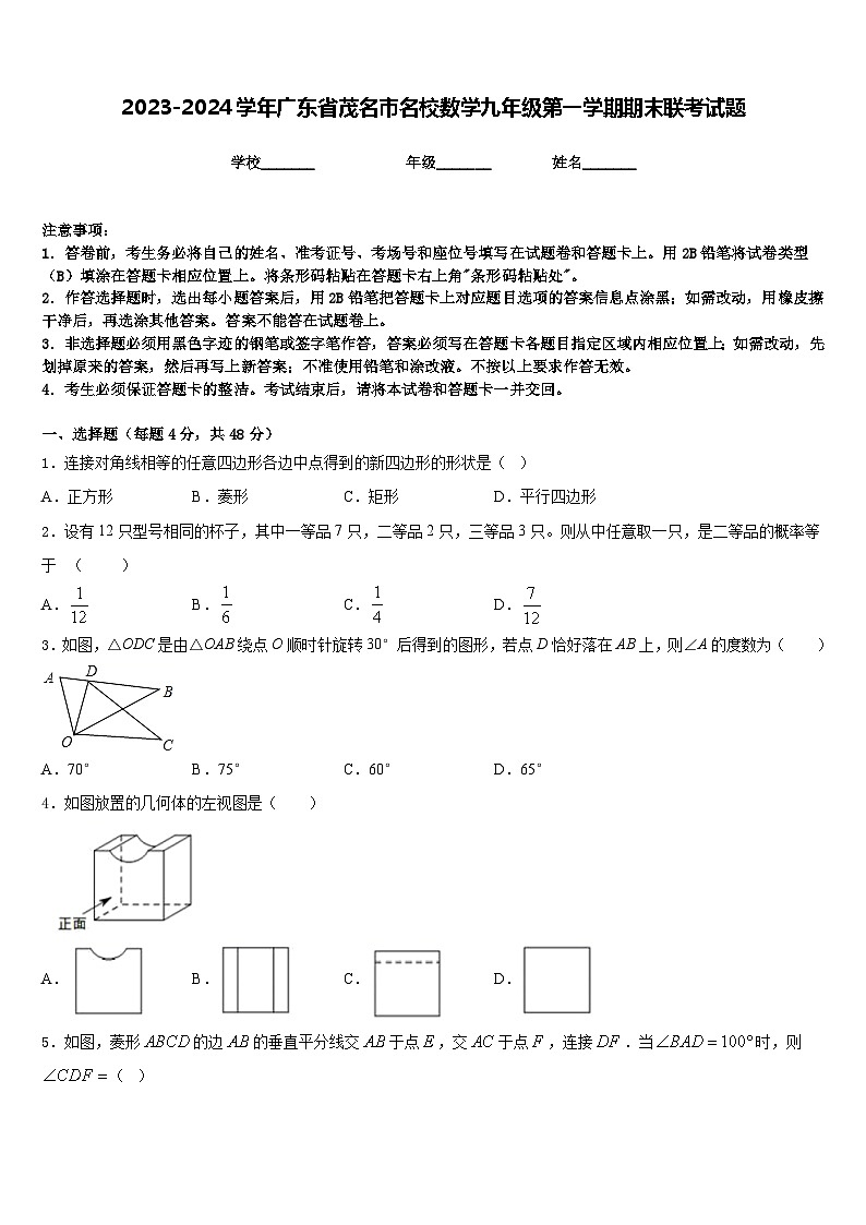 2023-2024学年广东省茂名市名校数学九年级第一学期期末联考试题含答案第1页