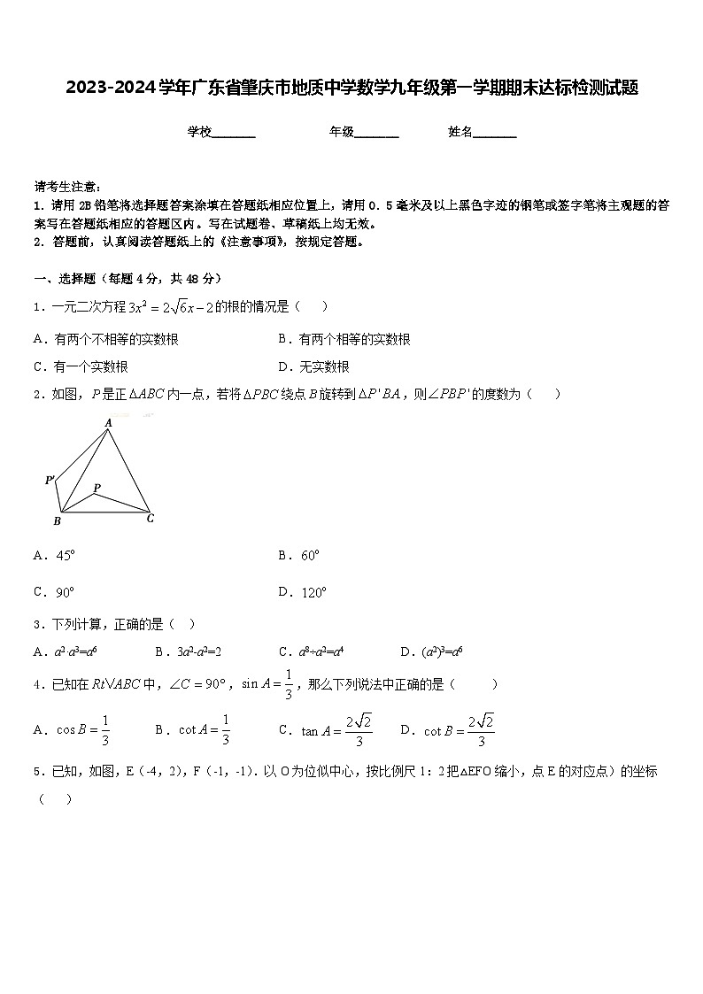 2023-2024学年广东省肇庆市地质中学数学九年级第一学期期末达标检测试题含答案01