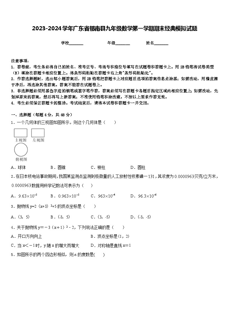 2023-2024学年广东省郁南县九年级数学第一学期期末经典模拟试题含答案第1页