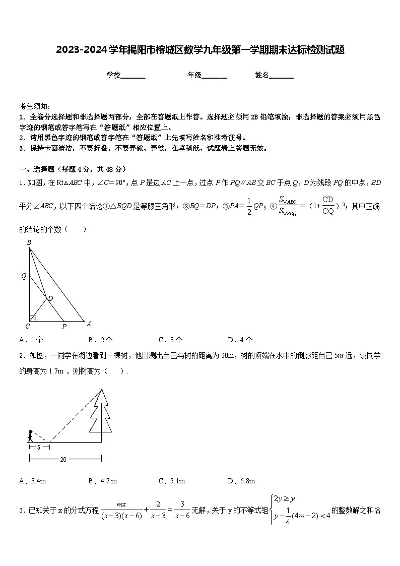 2023-2024学年揭阳市榕城区数学九年级第一学期期末达标检测试题含答案第1页