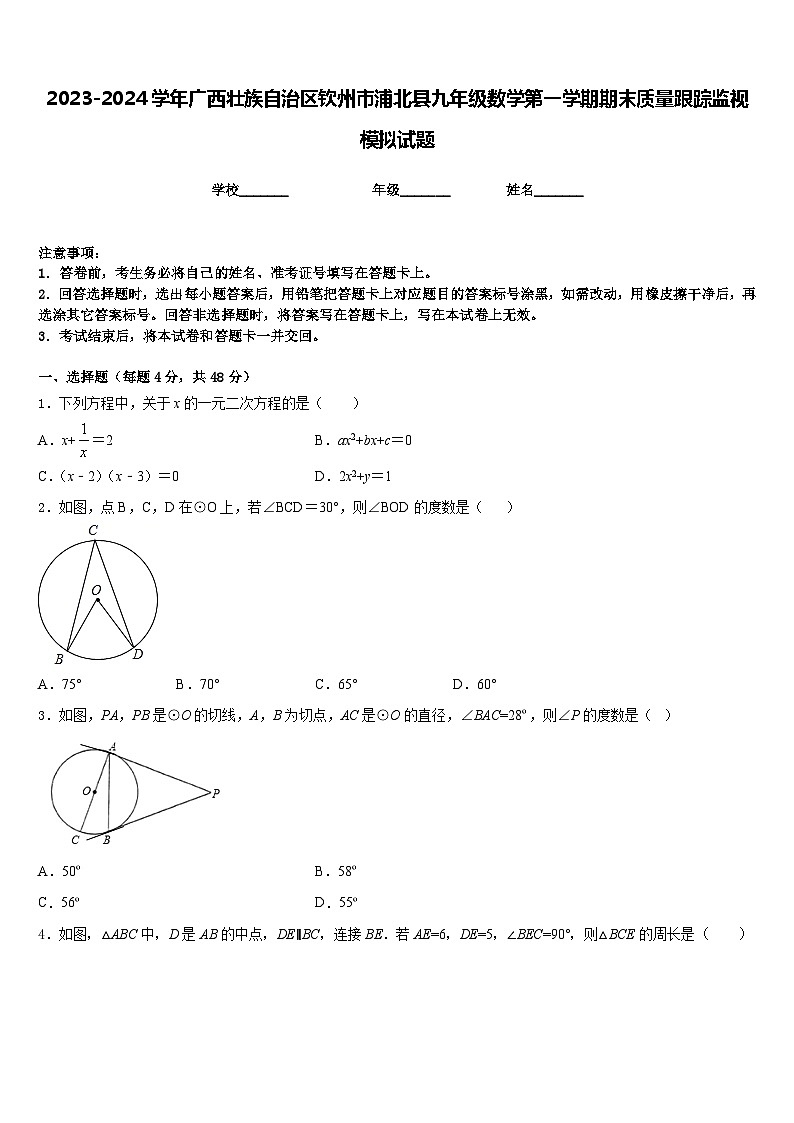 2023-2024学年广西壮族自治区钦州市浦北县九年级数学第一学期期末质量跟踪监视模拟试题含答案01