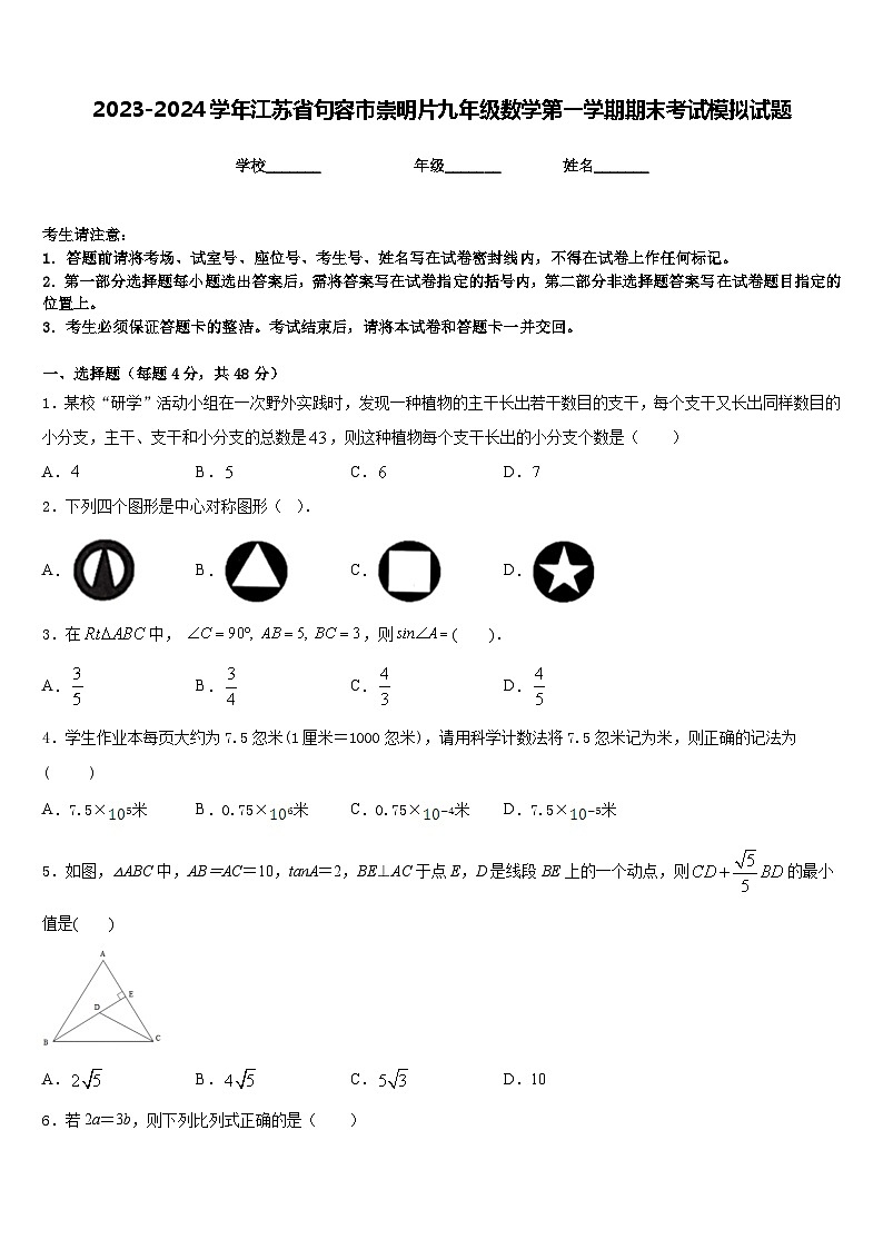 2023-2024学年江苏省句容市崇明片九年级数学第一学期期末考试模拟试题含答案第1页