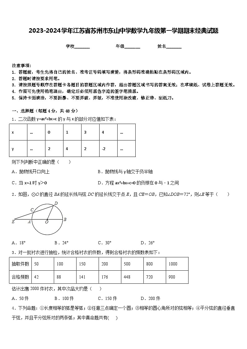 2023-2024学年江苏省苏州市东山中学数学九年级第一学期期末经典试题含答案01