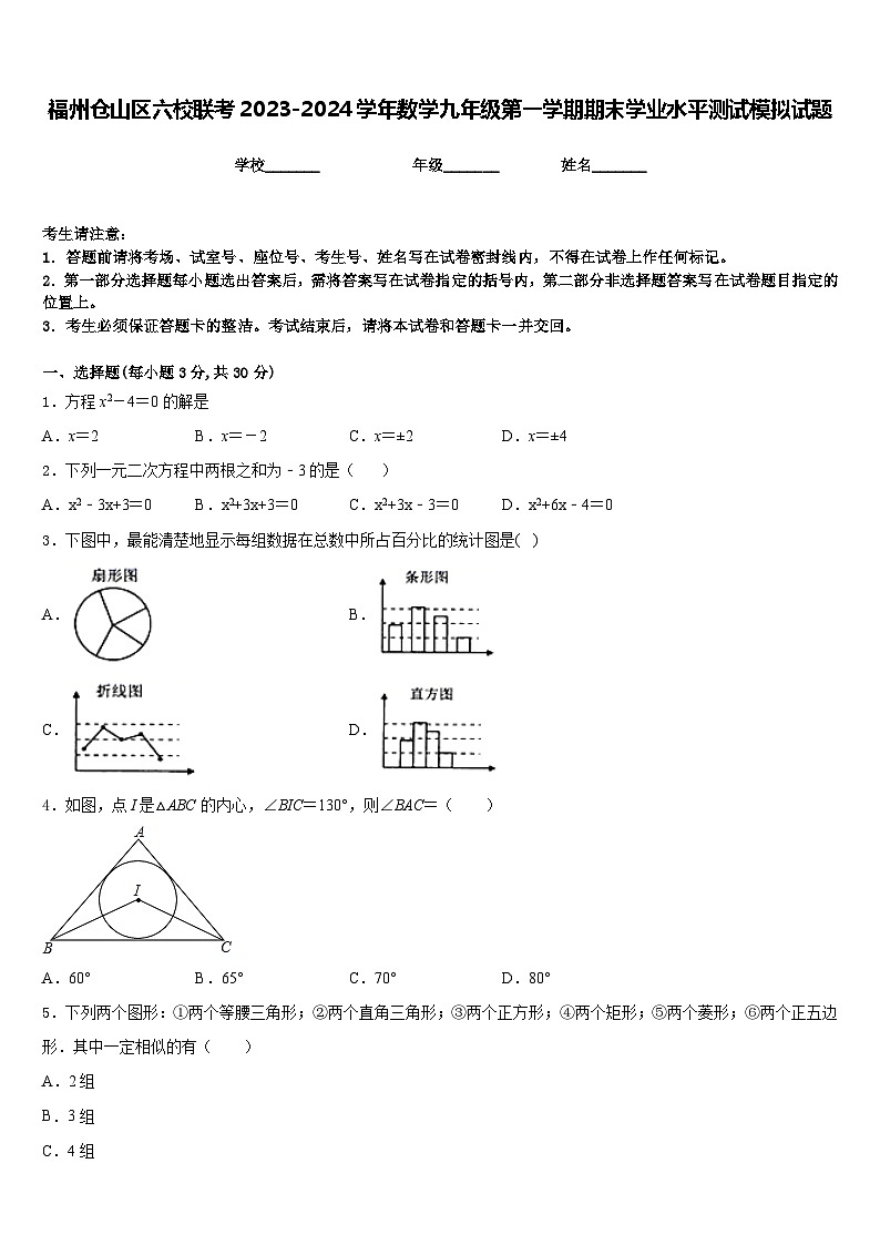 福州仓山区六校联考2023-2024学年数学九年级第一学期期末学业水平测试模拟试题含答案第1页