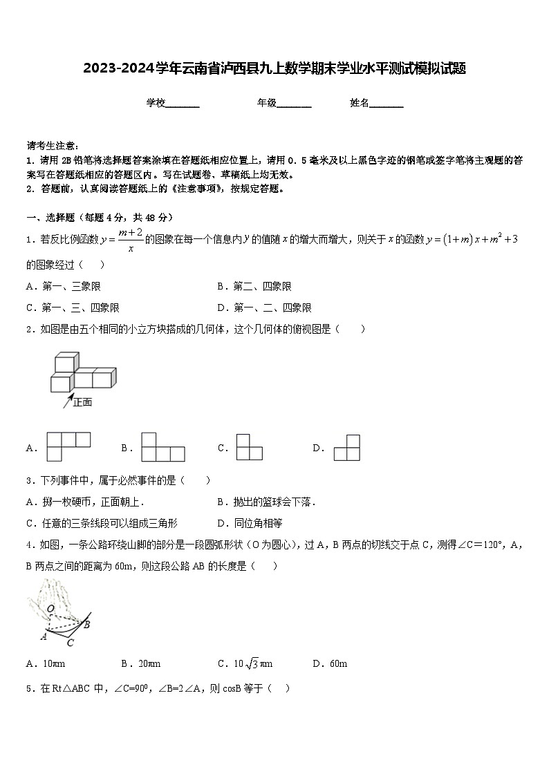 2023-2024学年云南省泸西县九上数学期末学业水平测试模拟试题含答案第1页