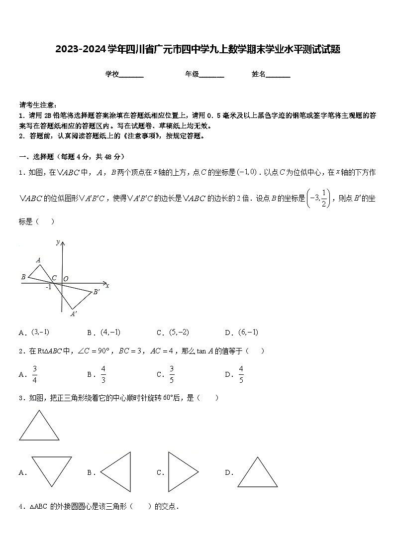 2023-2024学年四川省广元市四中学九上数学期末学业水平测试试题含答案01