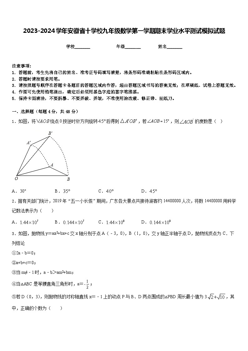 2023-2024学年安徽省十学校九年级数学第一学期期末学业水平测试模拟试题含答案第1页
