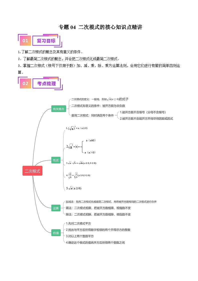 专题04 二次根式的核心知识点精讲（讲义）-备战2024年中考数学一轮复习考点全预测（全国通用）01