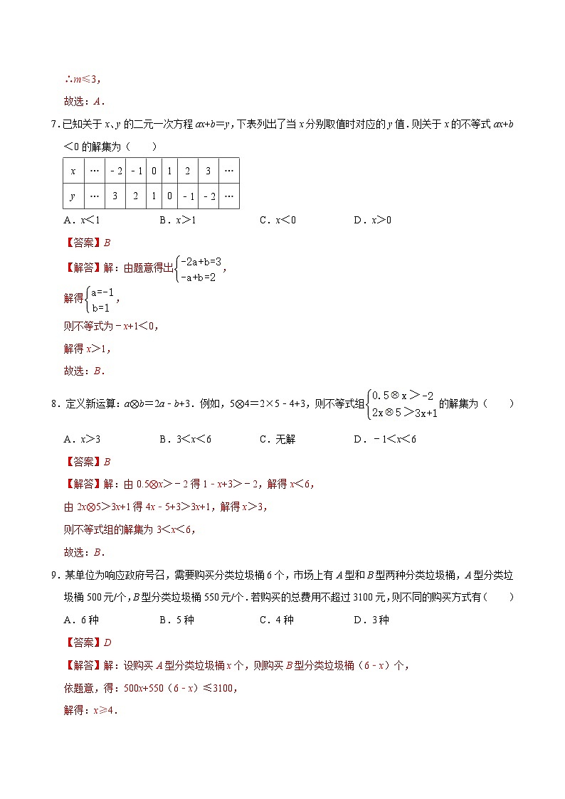 专题08 一元一次不等式（组）综合过关检测-备战2024年中考数学一轮复习考点帮（全国通用）（解析版）第3页