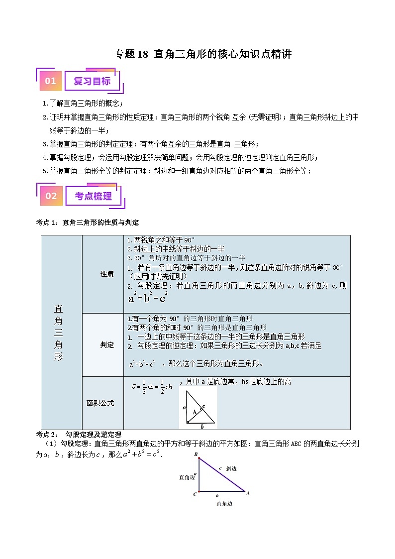 专题18 直角三角形的核心知识点精讲（讲义）-备战2024年中考数学一轮复习考点全预测（全国通用）01