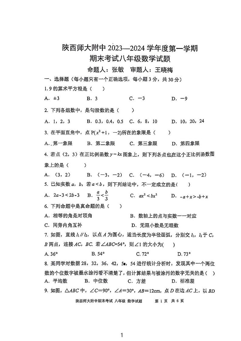 2023-2024学年陕西师大附中八年级期末考数学试卷第1页