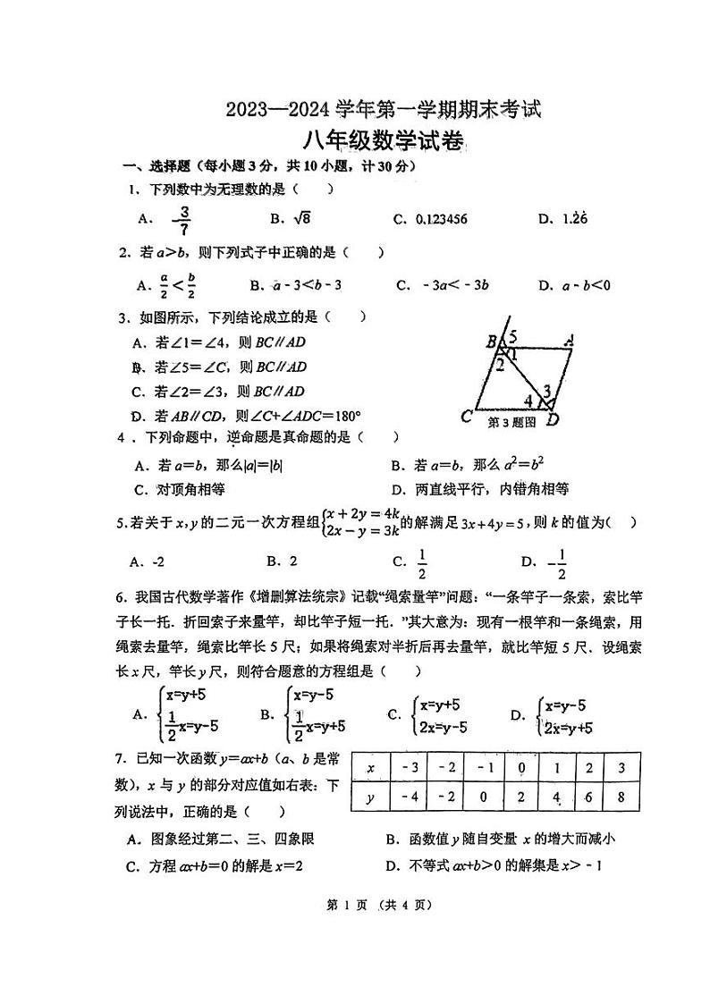 陕西省西安工业大学附属中学2023—-2024学年八年级上学期数学期末试卷第1页