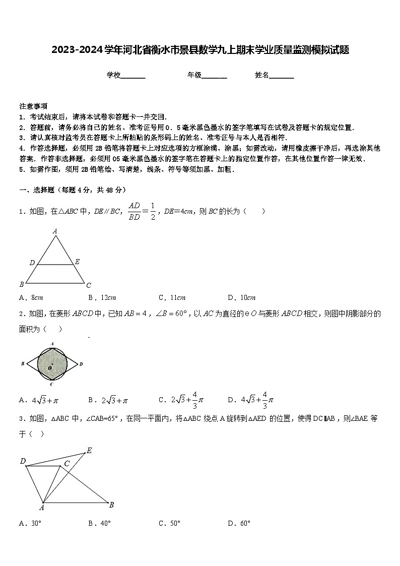 2023-2024学年河北省衡水市景县数学九上期末学业质量监测模拟试题含答案01