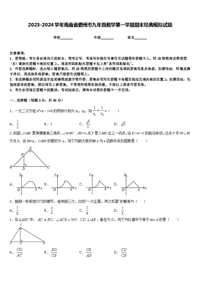 2023-2024学年海南省儋州市九年级数学第一学期期末经典模拟试题含答案第1页