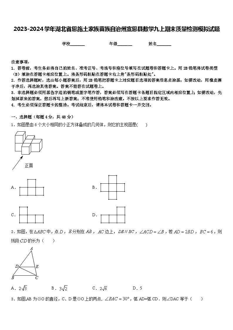 2023-2024学年湖北省恩施土家族苗族自治州宣恩县数学九上期末质量检测模拟试题含答案第1页