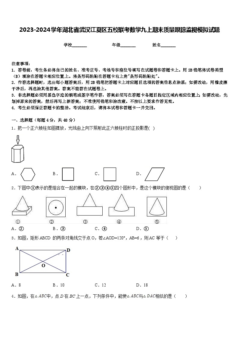 2023-2024学年湖北省武汉江夏区五校联考数学九上期末质量跟踪监视模拟试题含答案第1页