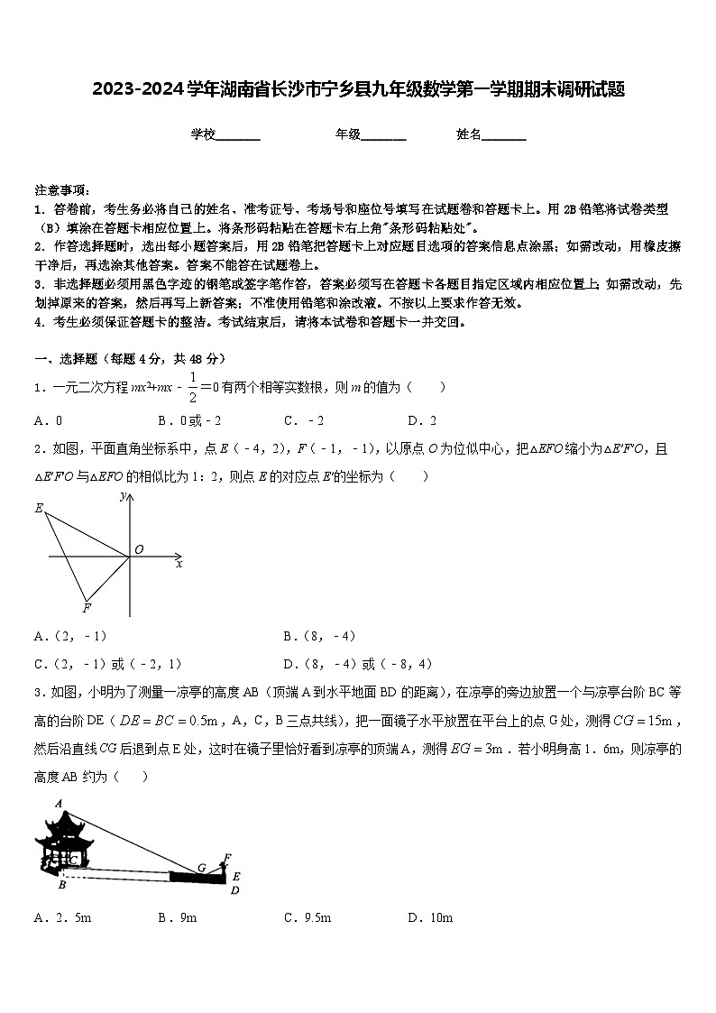 2023-2024学年湖南省长沙市宁乡县九年级数学第一学期期末调研试题含答案第1页