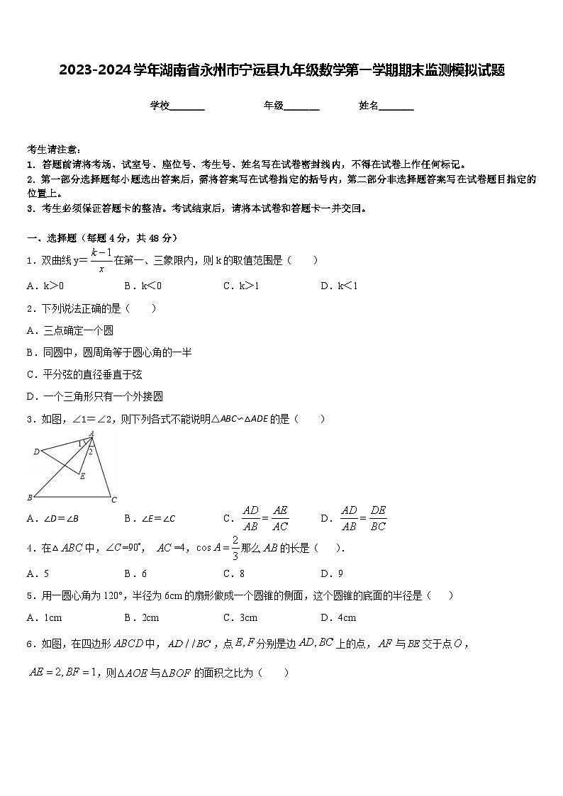 2023-2024学年湖南省永州市宁远县九年级数学第一学期期末监测模拟试题含答案01