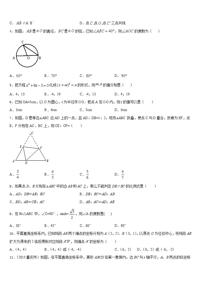 2023-2024学年甘肃省平凉崆峒区九年级数学第一学期期末调研模拟试题含答案第2页