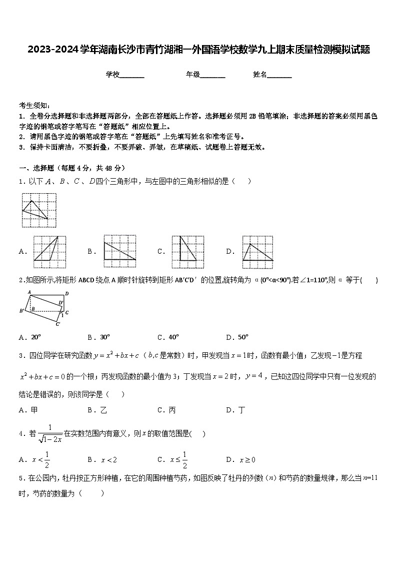 2023-2024学年湖南长沙市青竹湖湘一外国语学校数学九上期末质量检测模拟试题含答案01