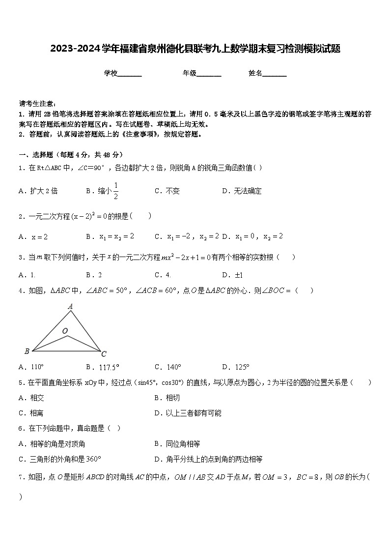 2023-2024学年福建省泉州德化县联考九上数学期末复习检测模拟试题含答案01