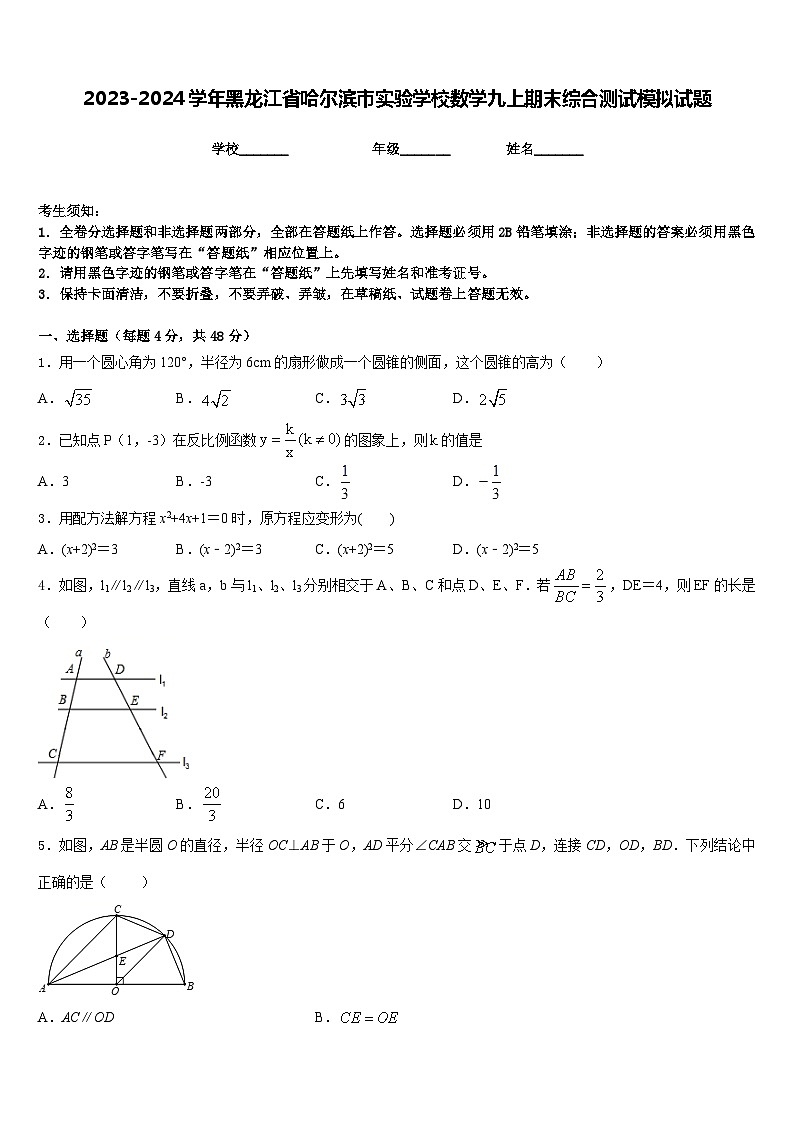 2023-2024学年黑龙江省哈尔滨市实验学校数学九上期末综合测试模拟试题含答案第1页
