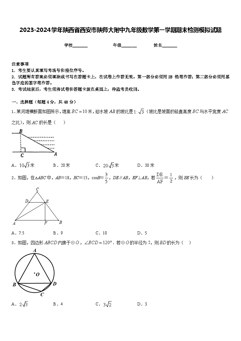 2023-2024学年陕西省西安市陕师大附中九年级数学第一学期期末检测模拟试题含答案01