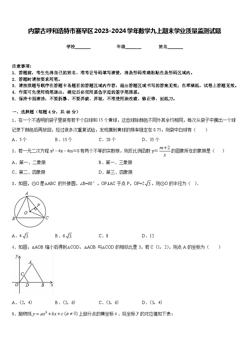 内蒙古呼和浩特市赛罕区2023-2024学年数学九上期末学业质量监测试题含答案第1页