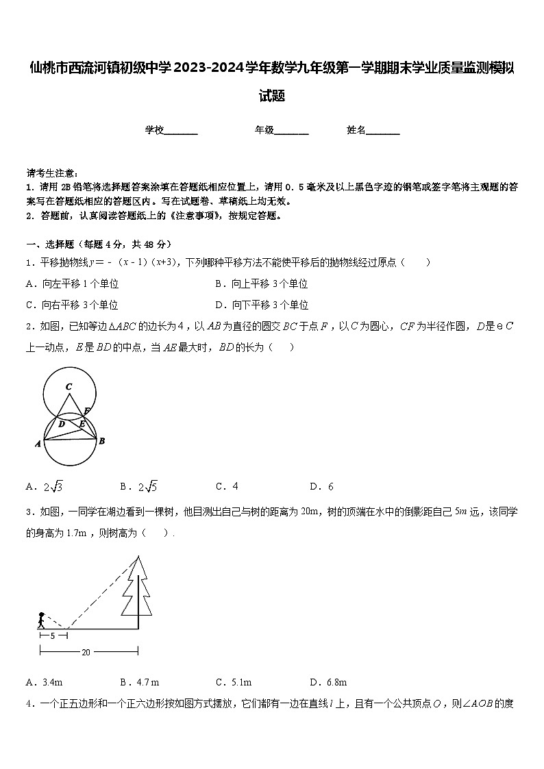 仙桃市西流河镇初级中学2023-2024学年数学九年级第一学期期末学业质量监测模拟试题含答案01