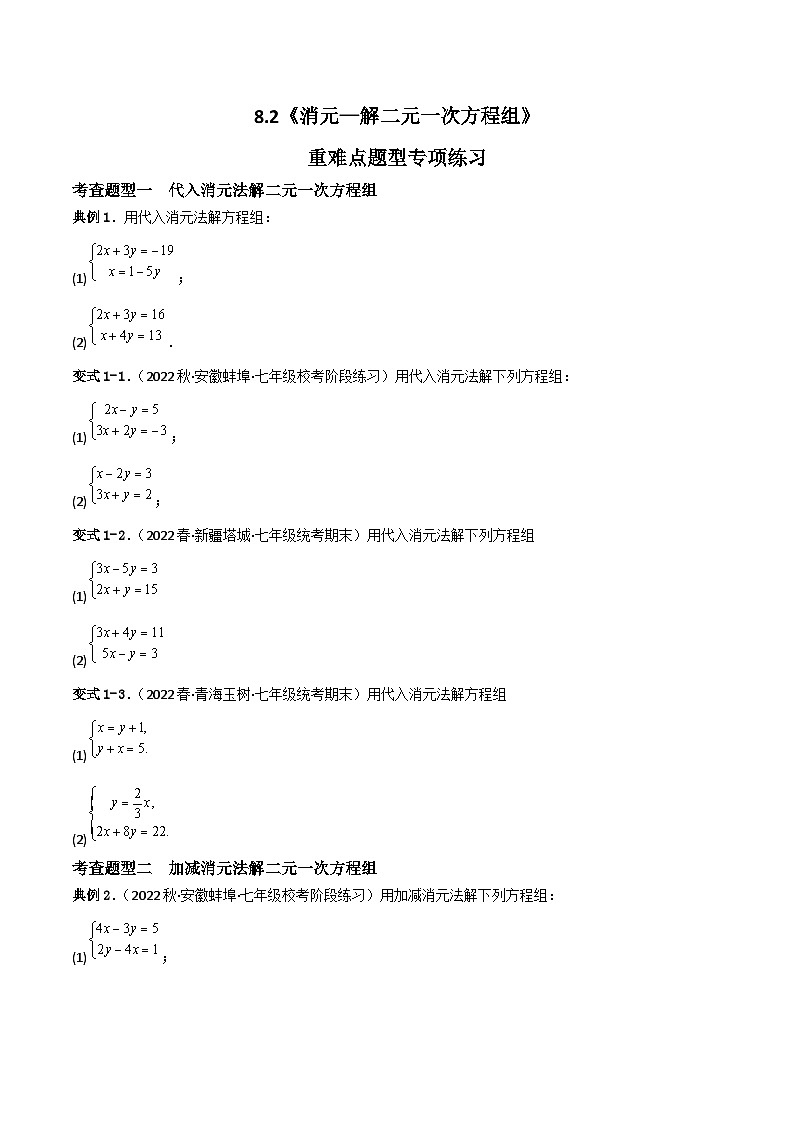 人教版数学七年级下册 8.2《消元—解二元一次方程组》重难点专项练习（原卷版）第1页