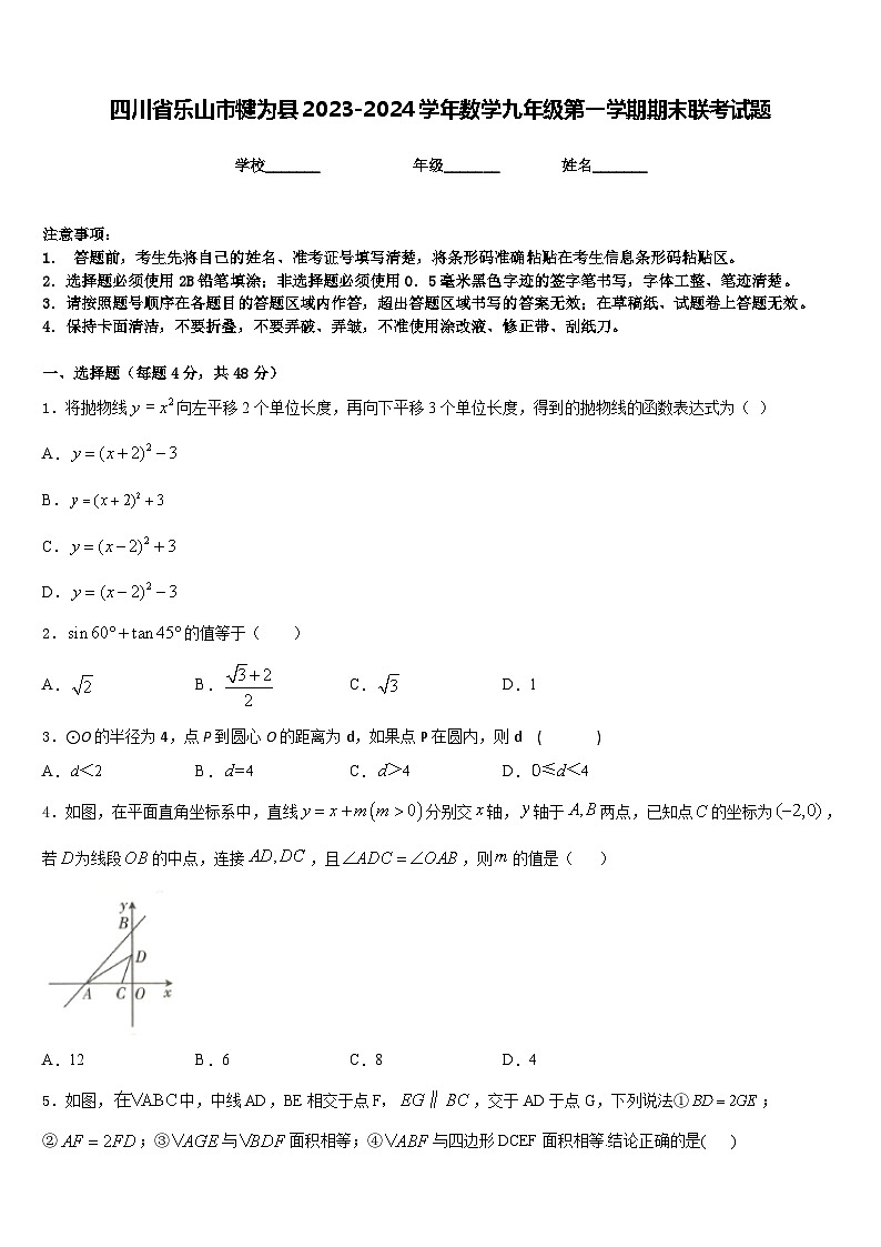 四川省乐山市犍为县2023-2024学年数学九年级第一学期期末联考试题含答案第1页
