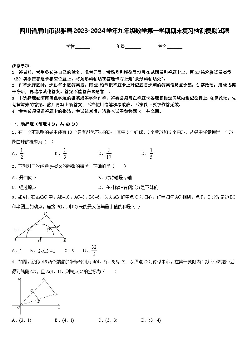 四川省眉山市洪雅县2023-2024学年九年级数学第一学期期末复习检测模拟试题含答案01