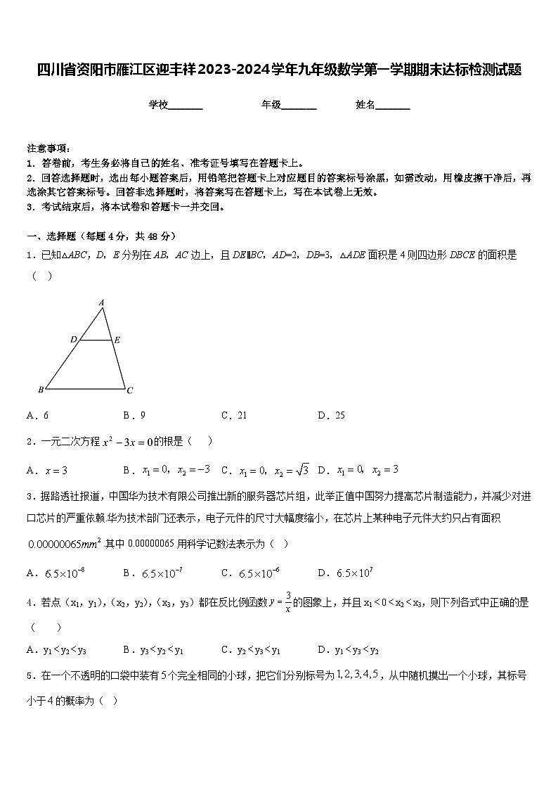 四川省资阳市雁江区迎丰祥2023-2024学年九年级数学第一学期期末达标检测试题含答案01