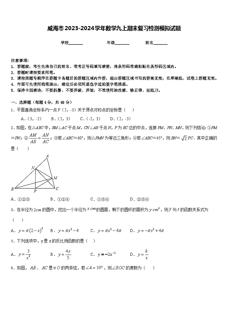 威海市2023-2024学年数学九上期末复习检测模拟试题含答案第1页