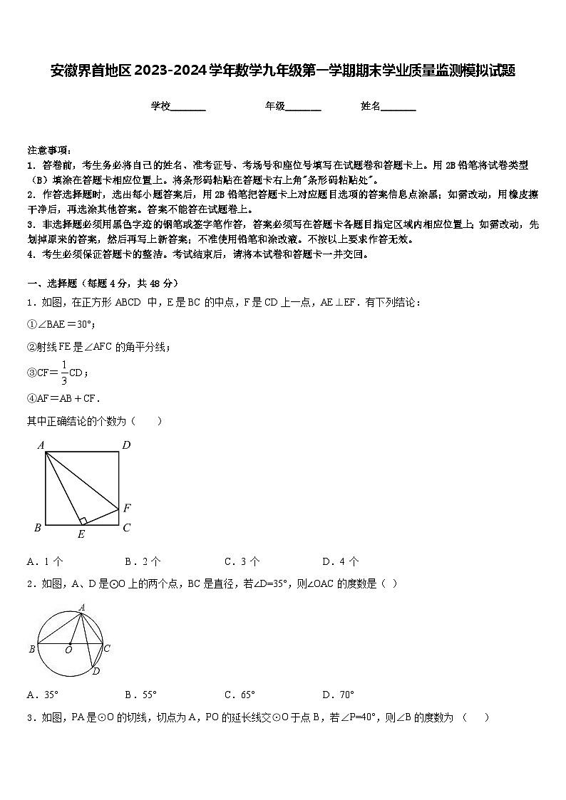 安徽界首地区2023-2024学年数学九年级第一学期期末学业质量监测模拟试题含答案第1页