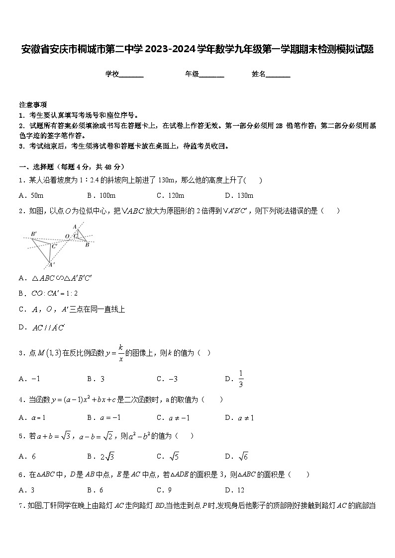 安徽省安庆市桐城市第二中学2023-2024学年数学九年级第一学期期末检测模拟试题含答案第1页