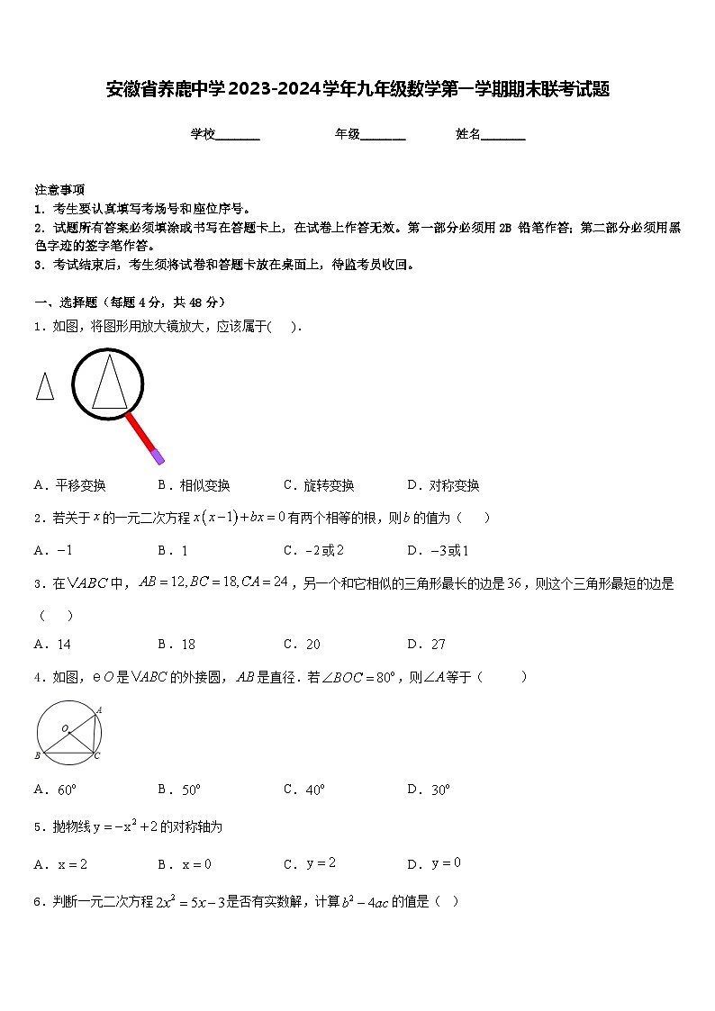 安徽省养鹿中学2023-2024学年九年级数学第一学期期末联考试题含答案第1页