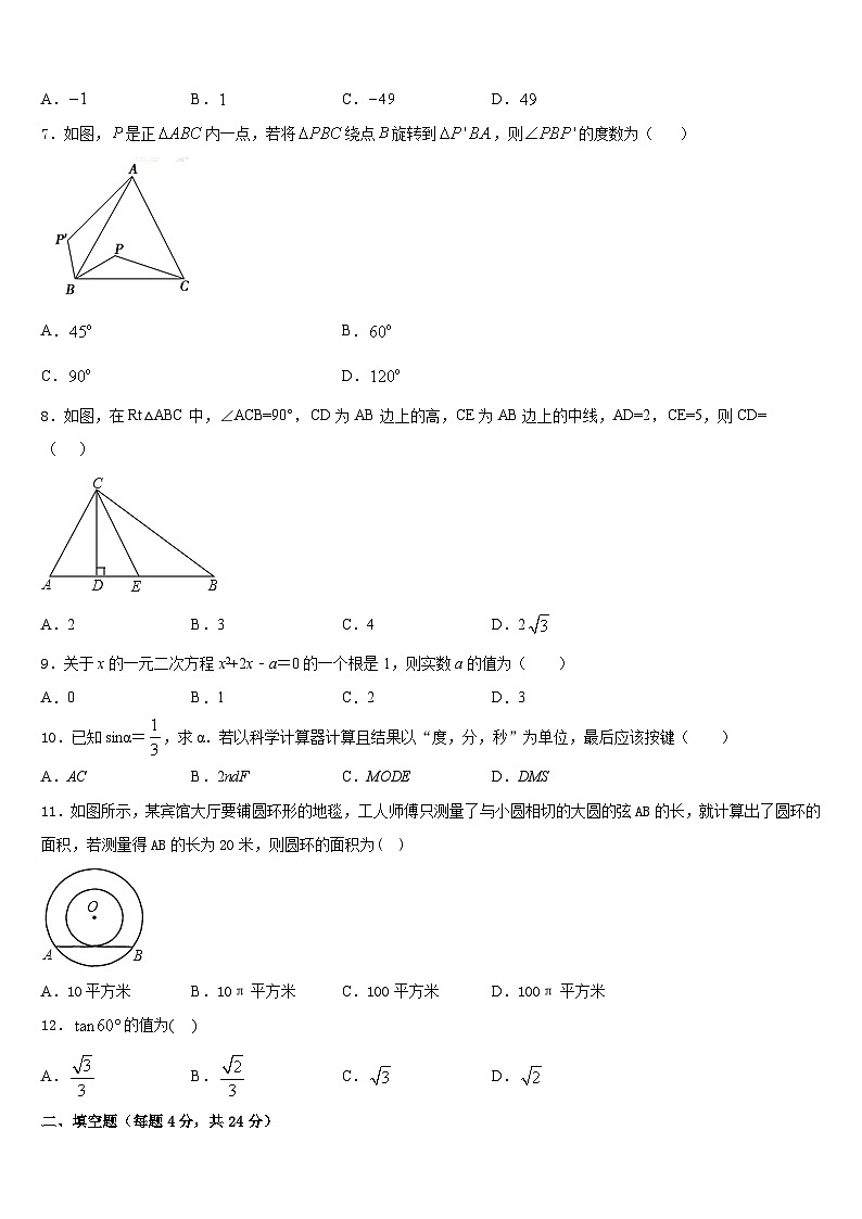 安徽省养鹿中学2023-2024学年九年级数学第一学期期末联考试题含答案第2页