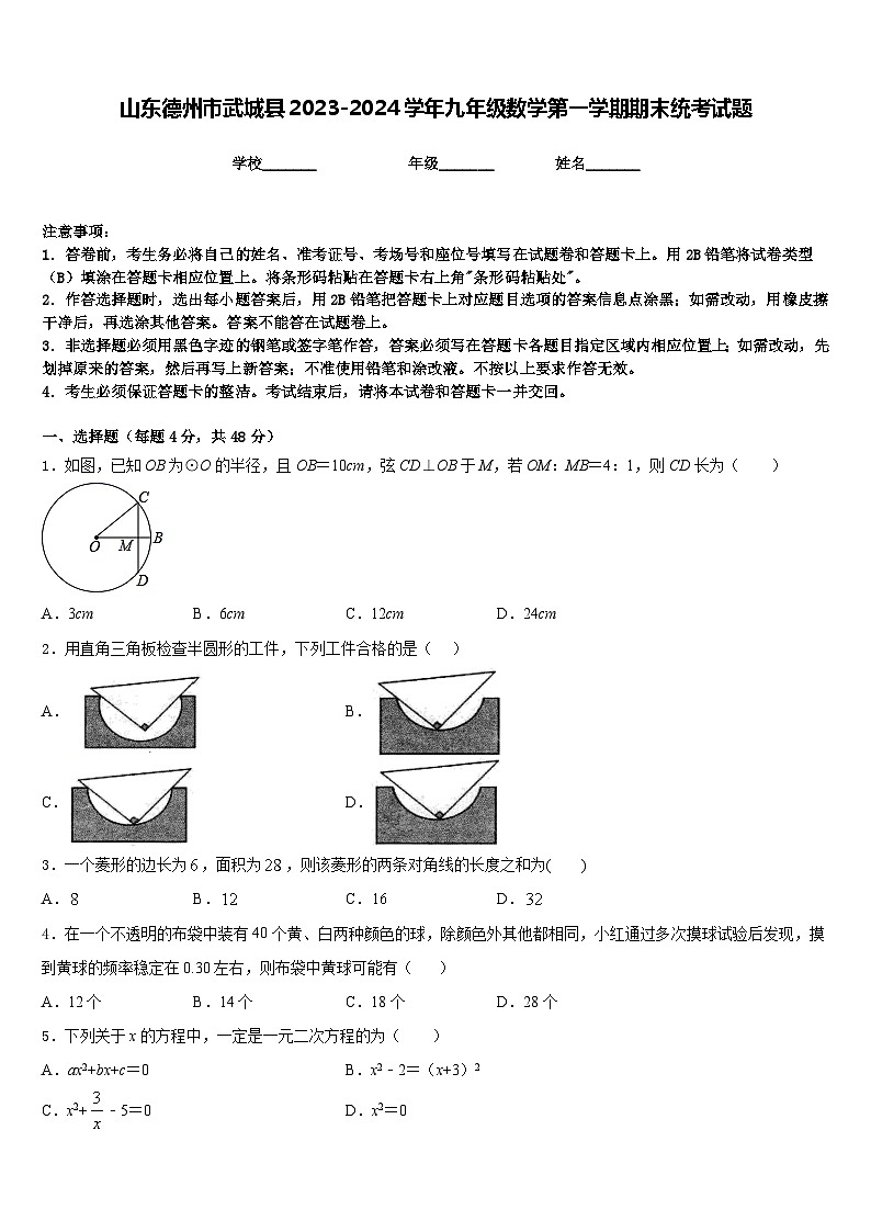 山东德州市武城县2023-2024学年九年级数学第一学期期末统考试题含答案第1页