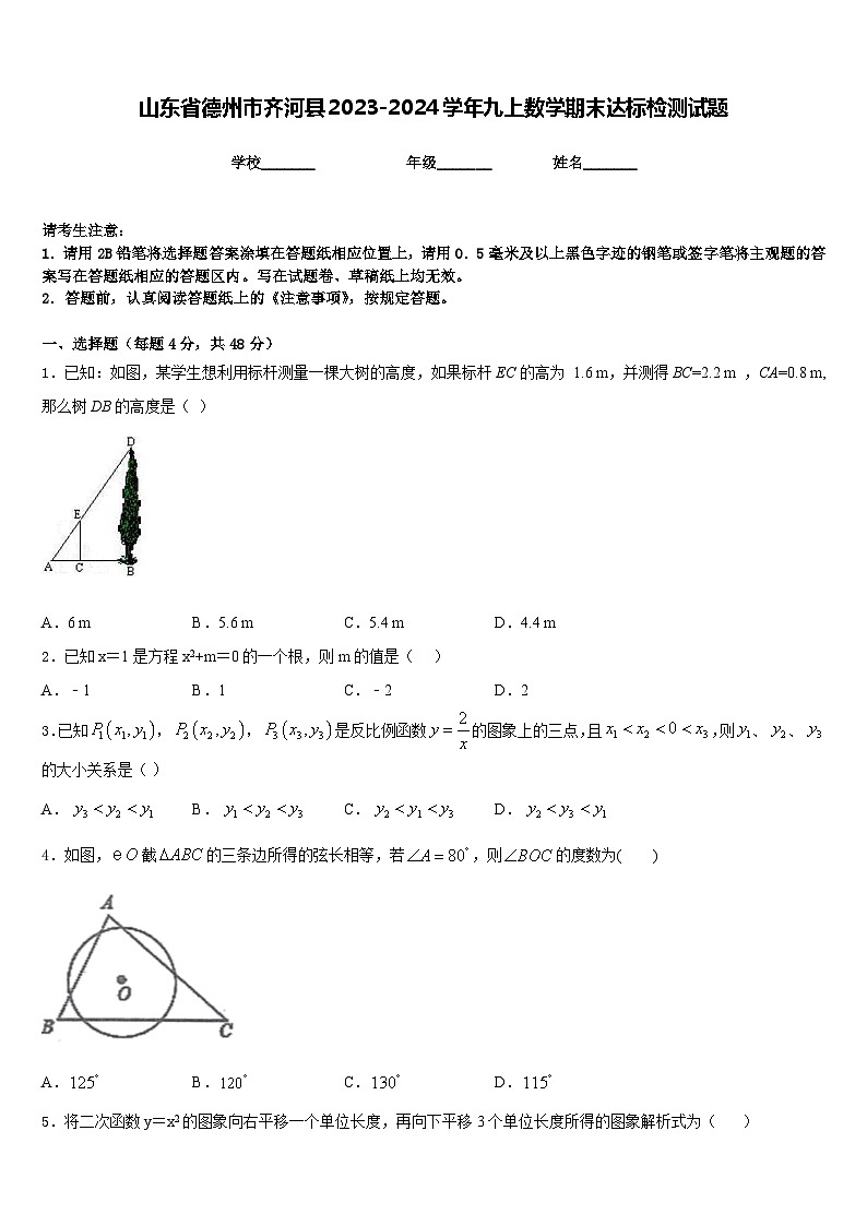 山东省德州市齐河县2023-2024学年九上数学期末达标检测试题含答案第1页