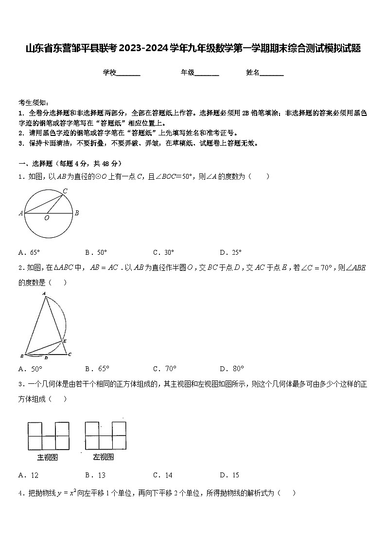 山东省东营邹平县联考2023-2024学年九年级数学第一学期期末综合测试模拟试题含答案01