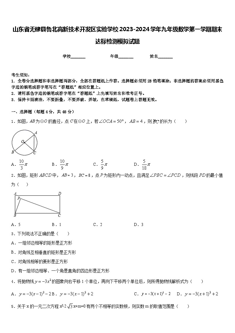 山东省无棣县鲁北高新技术开发区实验学校2023-2024学年九年级数学第一学期期末达标检测模拟试题含答案第1页